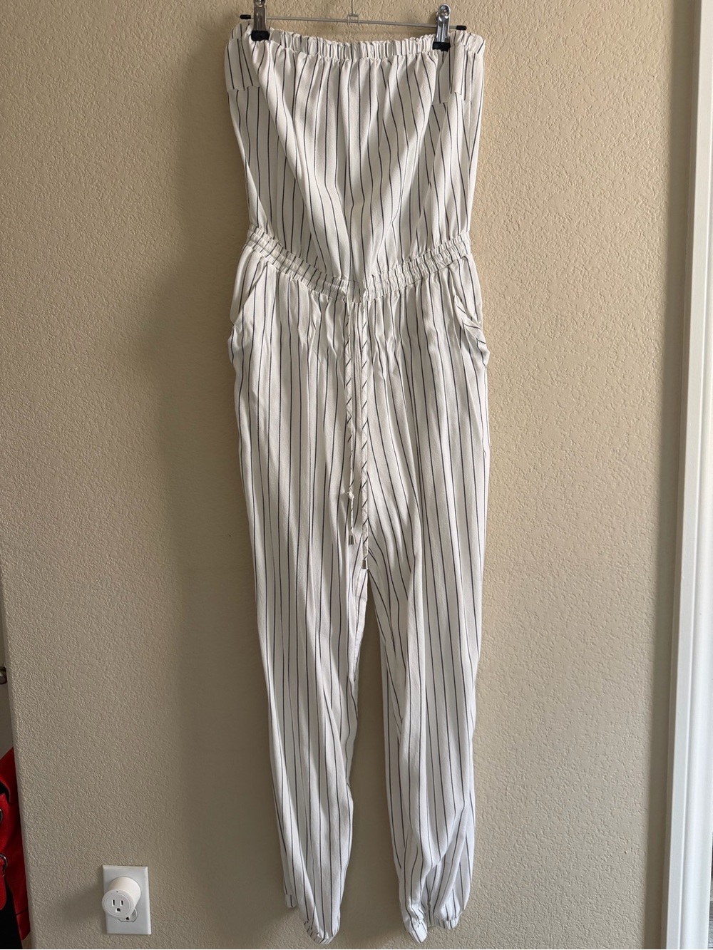 HYFVE White Strapless Vertical-Stripe Jumpsuit